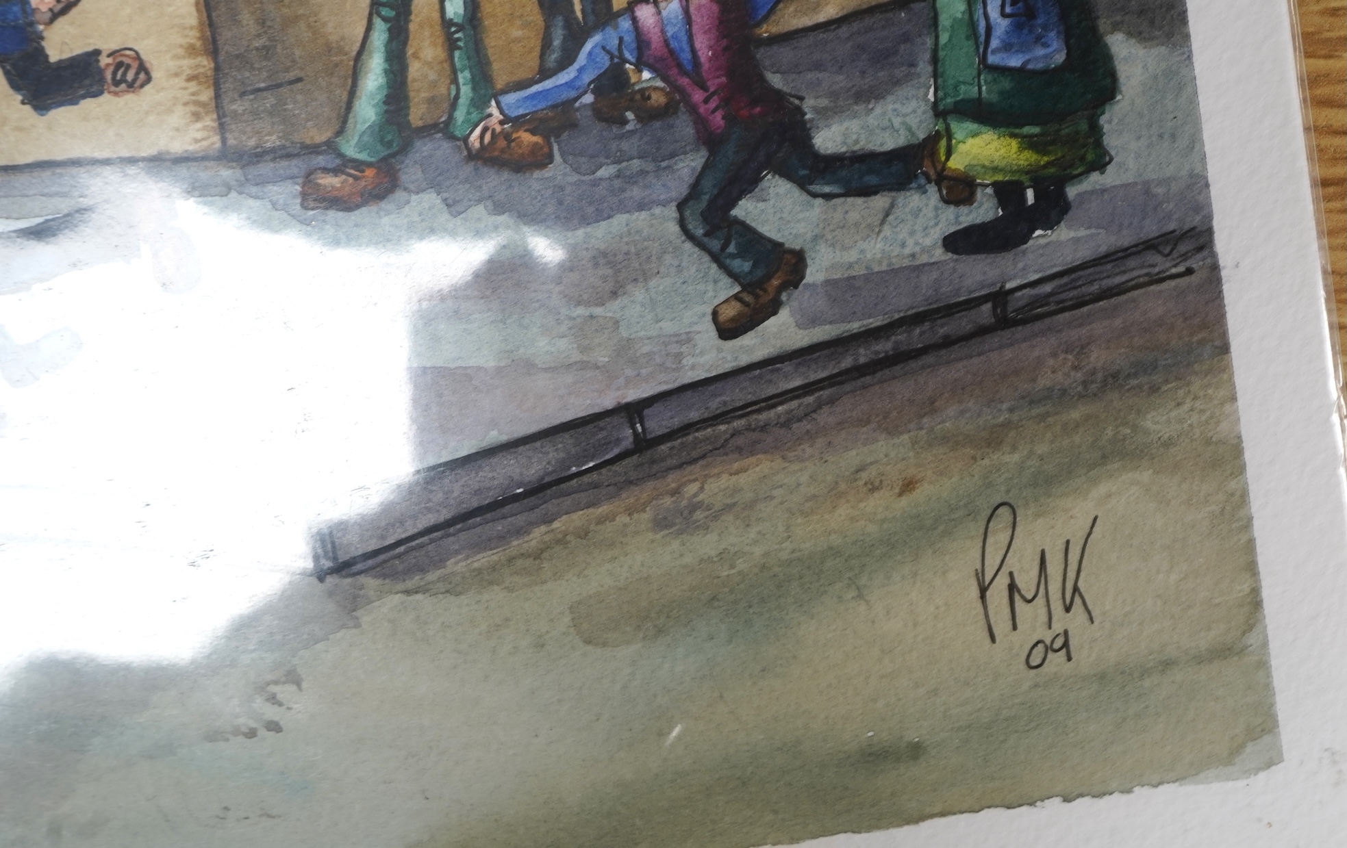 Paul M. Kiernan (contemporary), ‘Rush Hour’ and ‘Original Lowry Style’, initialled and dated ‘09, inscribed verso, two Modern British watercolour cartoons, unframed, 21 x 32cm